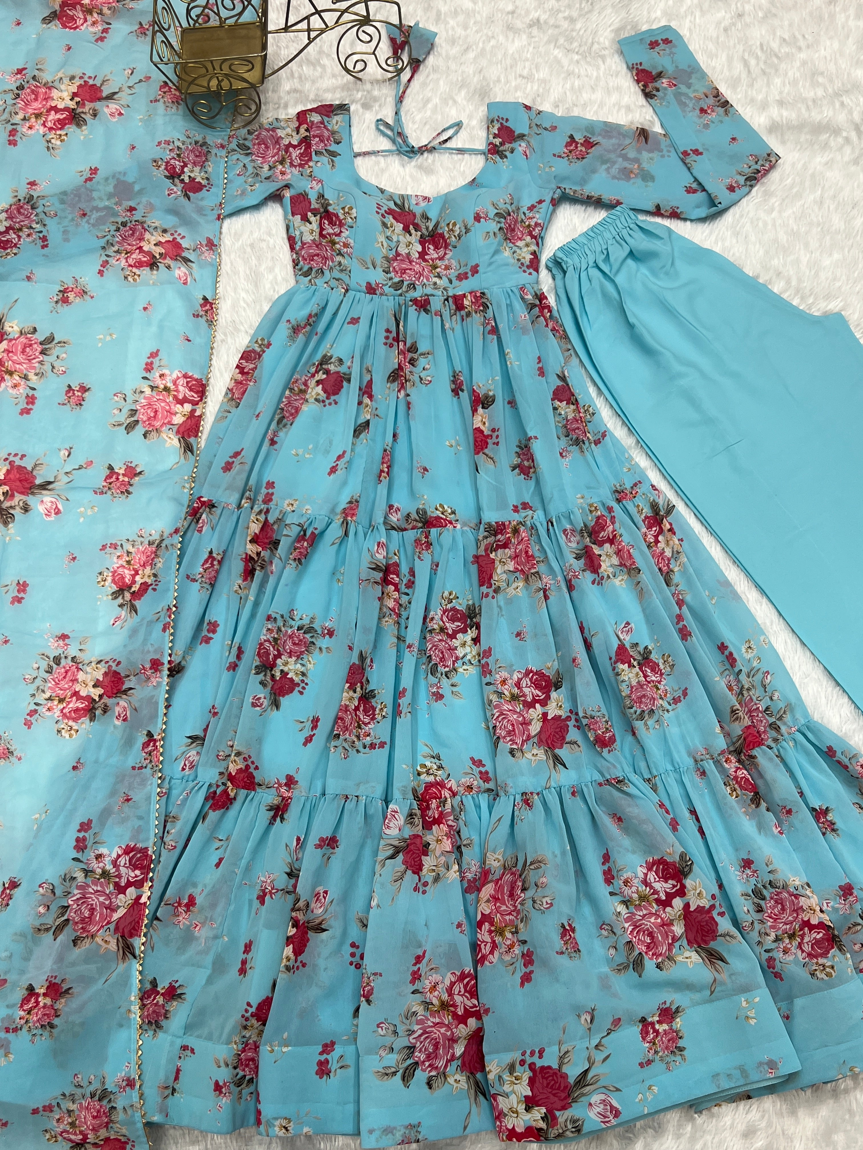 Lorenvalley Fashion Women Pure Soft Faux Georgette Floral Print Fully Flair Anarkali Kurta Pant With Dupatta Set - Skyblue - Distacart