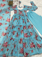 Thumbnail for Lorenvalley Fashion Women Pure Soft Faux Georgette Floral Print Fully Flair Anarkali Kurta Pant With Dupatta Set - Skyblue - Distacart