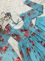 Thumbnail for Lorenvalley Fashion Women Pure Soft Faux Georgette Floral Print Fully Flair Anarkali Kurta Pant With Dupatta Set - Skyblue - Distacart