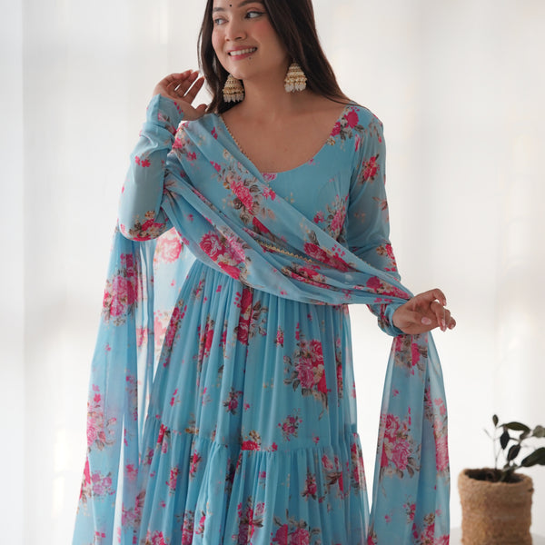Lorenvalley Fashion Women Pure Soft Faux Georgette Floral Print Fully Flair Anarkali Kurta Pant With Dupatta Set - Skyblue - Distacart