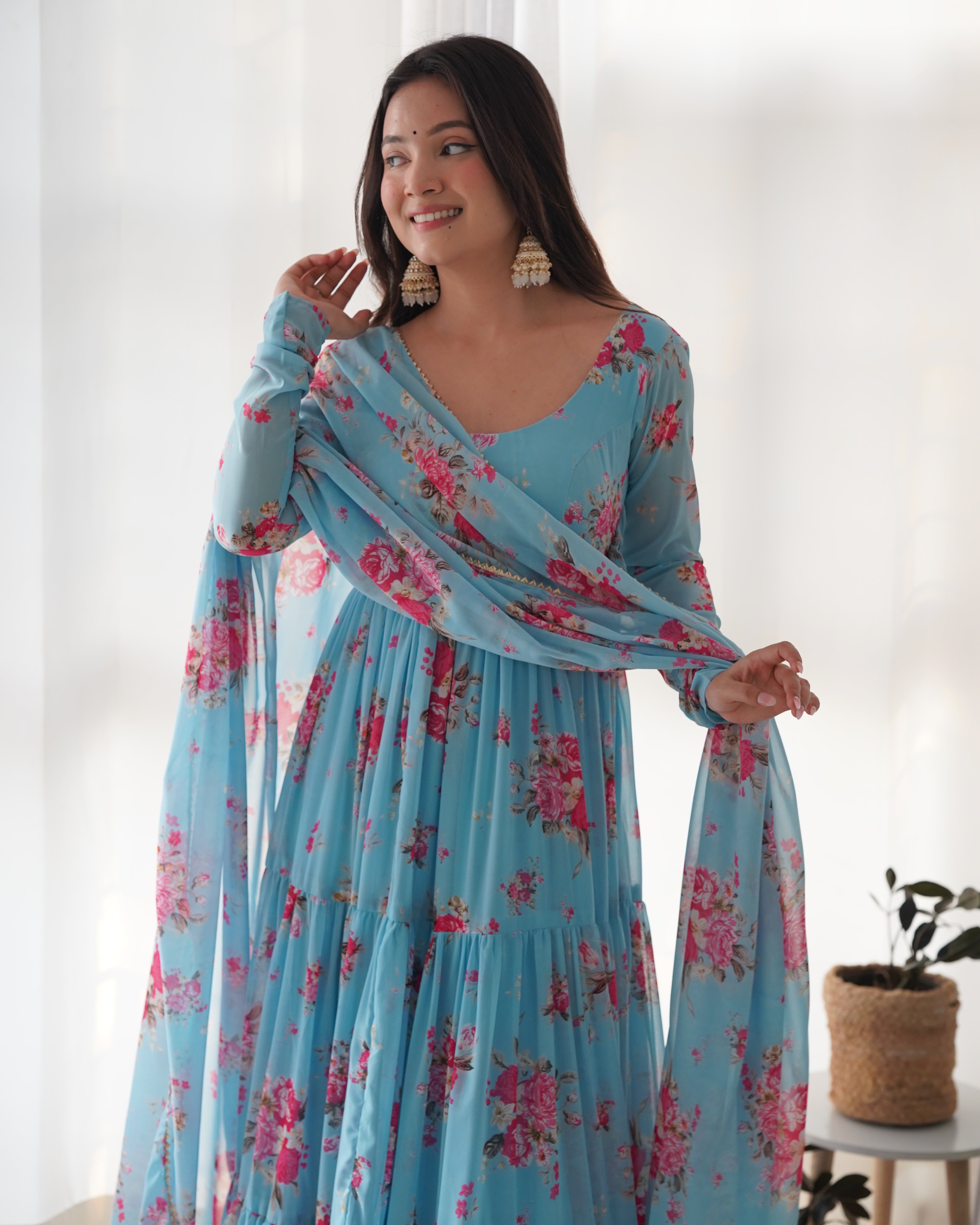 Lorenvalley Fashion Women Pure Soft Faux Georgette Floral Print Fully Flair Anarkali Kurta Pant With Dupatta Set - Skyblue - Distacart