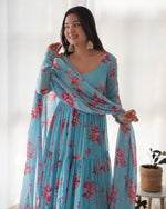 Thumbnail for Lorenvalley Fashion Women Pure Soft Faux Georgette Floral Print Fully Flair Anarkali Kurta Pant With Dupatta Set - Skyblue - Distacart