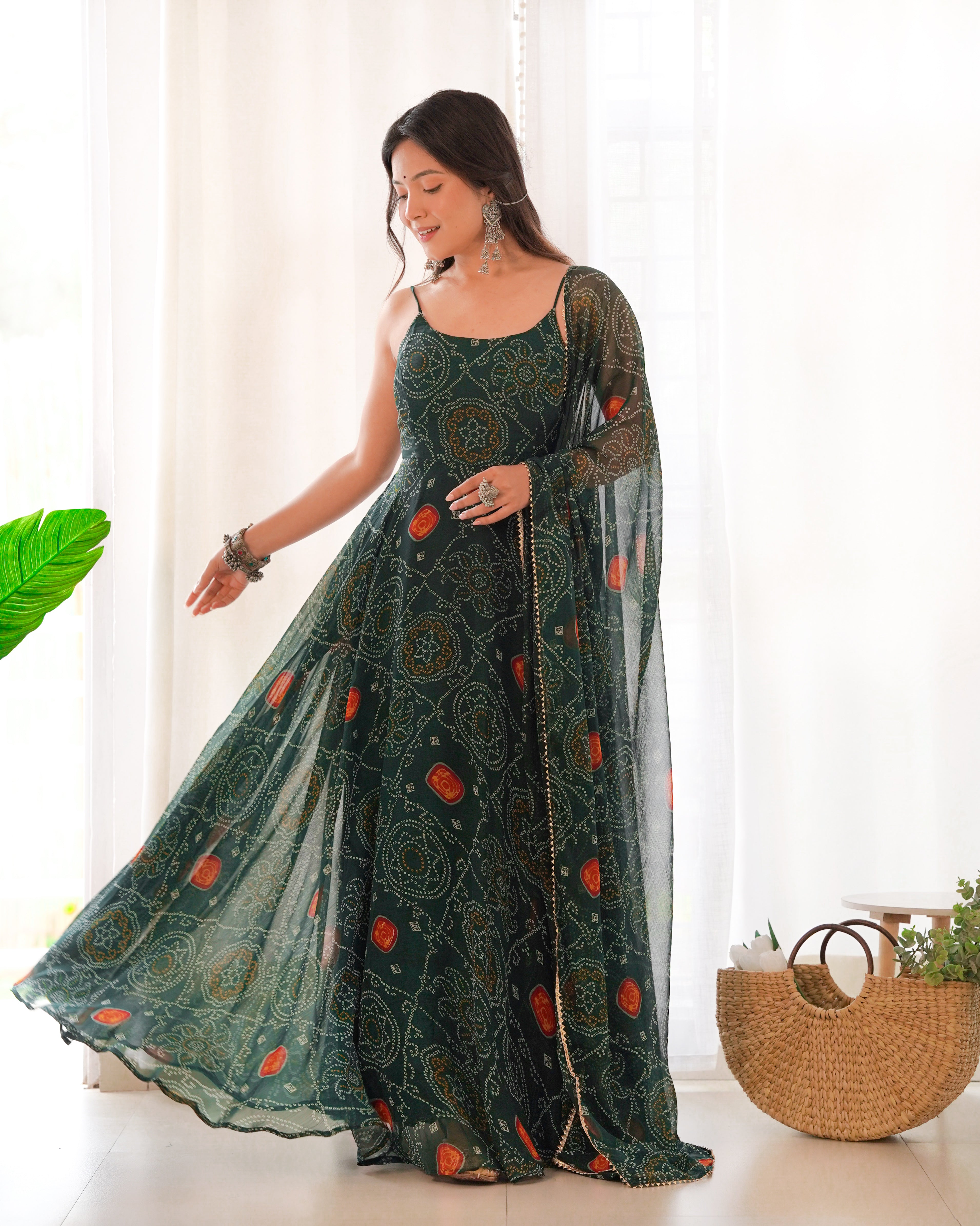 Lorenvalley Women Soft Chiffon Bandhej Fabric Print Fully Flair Anarkali With Pant Dupatta Set - Green - Distacart