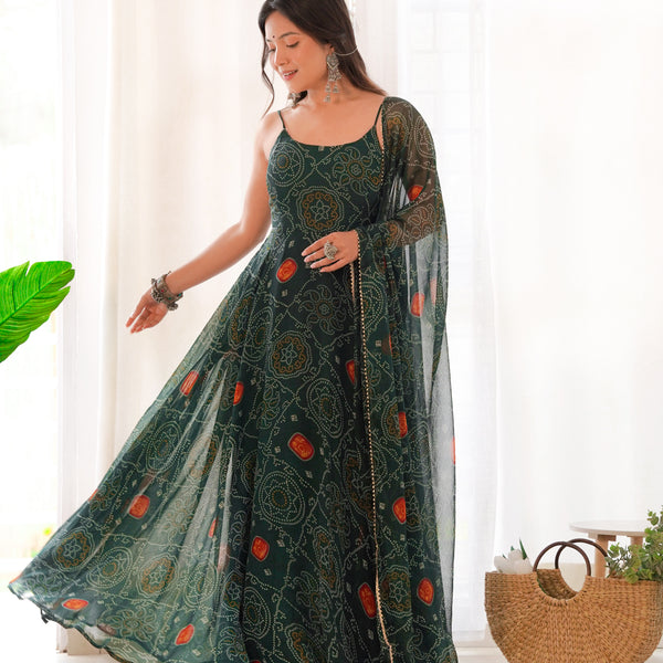 Lorenvalley Women Soft Chiffon Bandhej Fabric Print Fully Flair Anarkali With Pant Dupatta Set - Green - Distacart