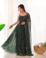 Thumbnail for Lorenvalley Women Soft Chiffon Bandhej Fabric Print Fully Flair Anarkali With Pant Dupatta Set - Green - Distacart