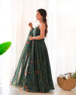 Thumbnail for Lorenvalley Women Soft Chiffon Bandhej Fabric Print Fully Flair Anarkali With Pant Dupatta Set - Green - Distacart