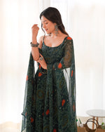 Thumbnail for Lorenvalley Women Soft Chiffon Bandhej Fabric Print Fully Flair Anarkali With Pant Dupatta Set - Green - Distacart