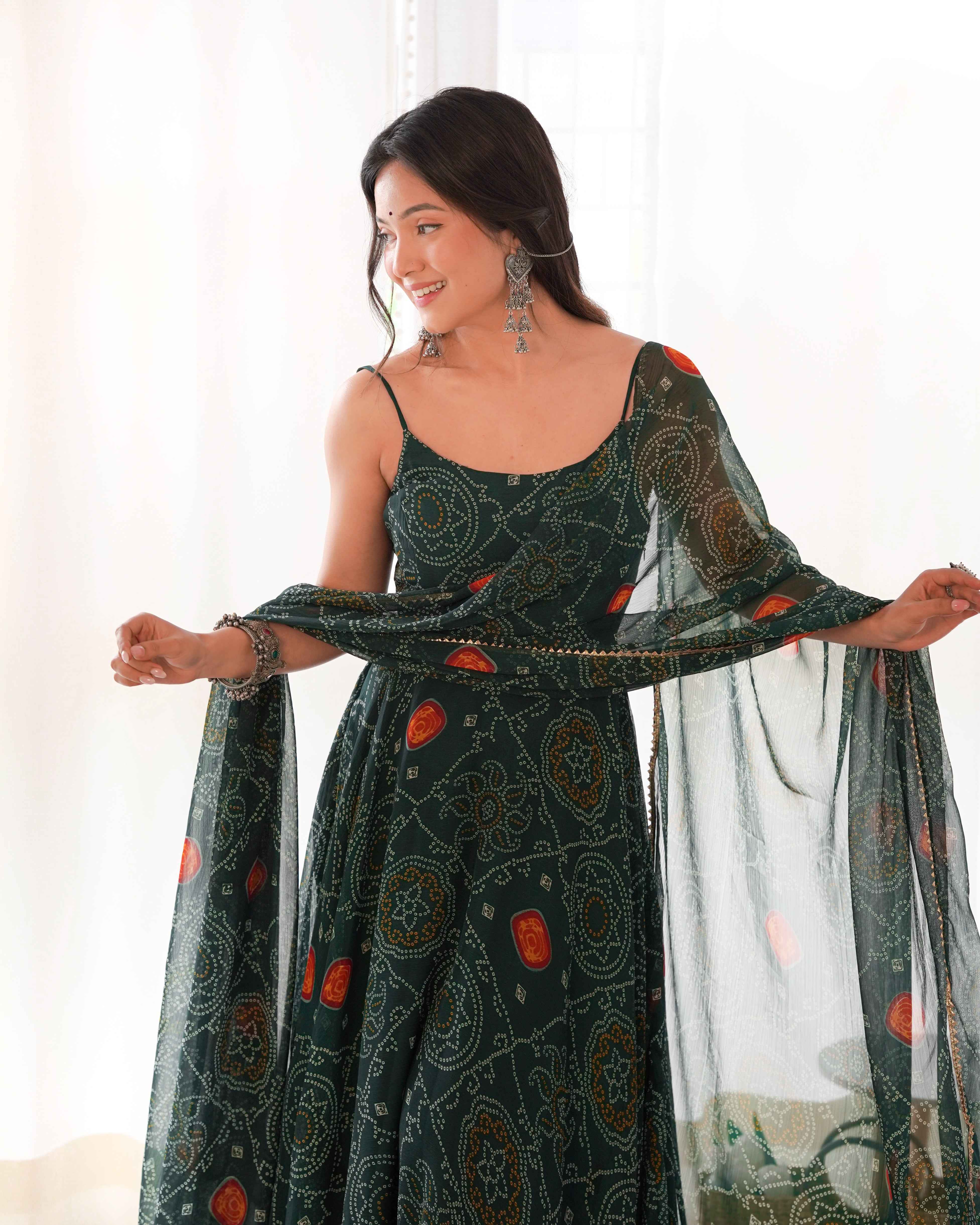 Lorenvalley Women Soft Chiffon Bandhej Fabric Print Fully Flair Anarkali With Pant Dupatta Set - Green - Distacart