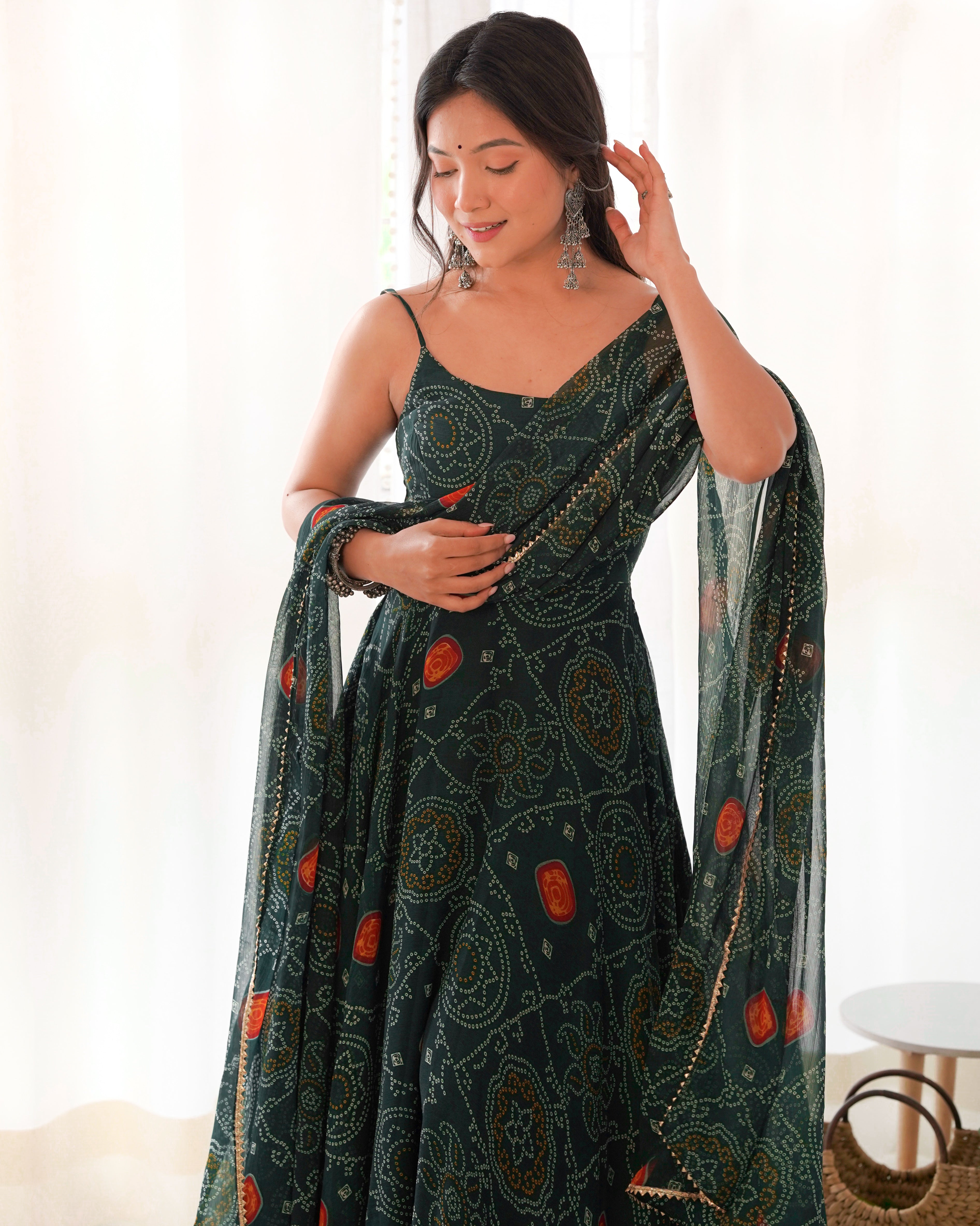 Lorenvalley Women Soft Chiffon Bandhej Fabric Print Fully Flair Anarkali With Pant Dupatta Set - Green - Distacart
