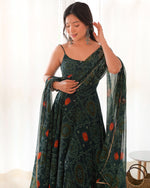 Thumbnail for Lorenvalley Women Soft Chiffon Bandhej Fabric Print Fully Flair Anarkali With Pant Dupatta Set - Green - Distacart