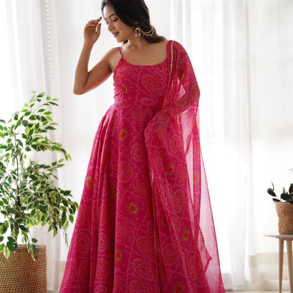 Lorenvalley Women Soft Chiffon Bandhej Fabric Print Fully Flair Anarkali With Pant Dupatta Set - Magenta - Distacart