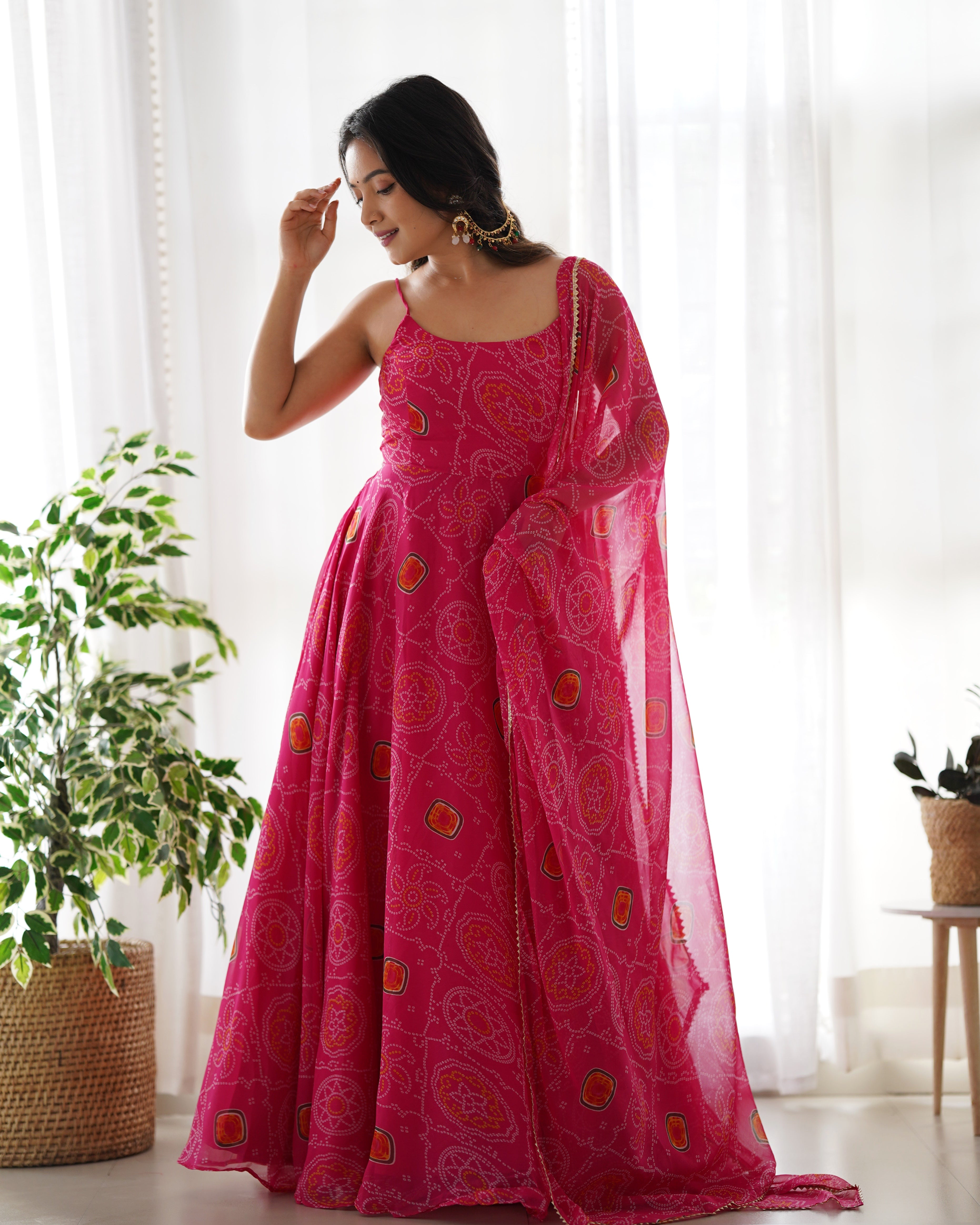Lorenvalley Women Soft Chiffon Bandhej Fabric Print Fully Flair Anarkali With Pant Dupatta Set - Magenta - Distacart