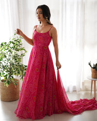 Thumbnail for Lorenvalley Women Soft Chiffon Bandhej Fabric Print Fully Flair Anarkali With Pant Dupatta Set - Magenta