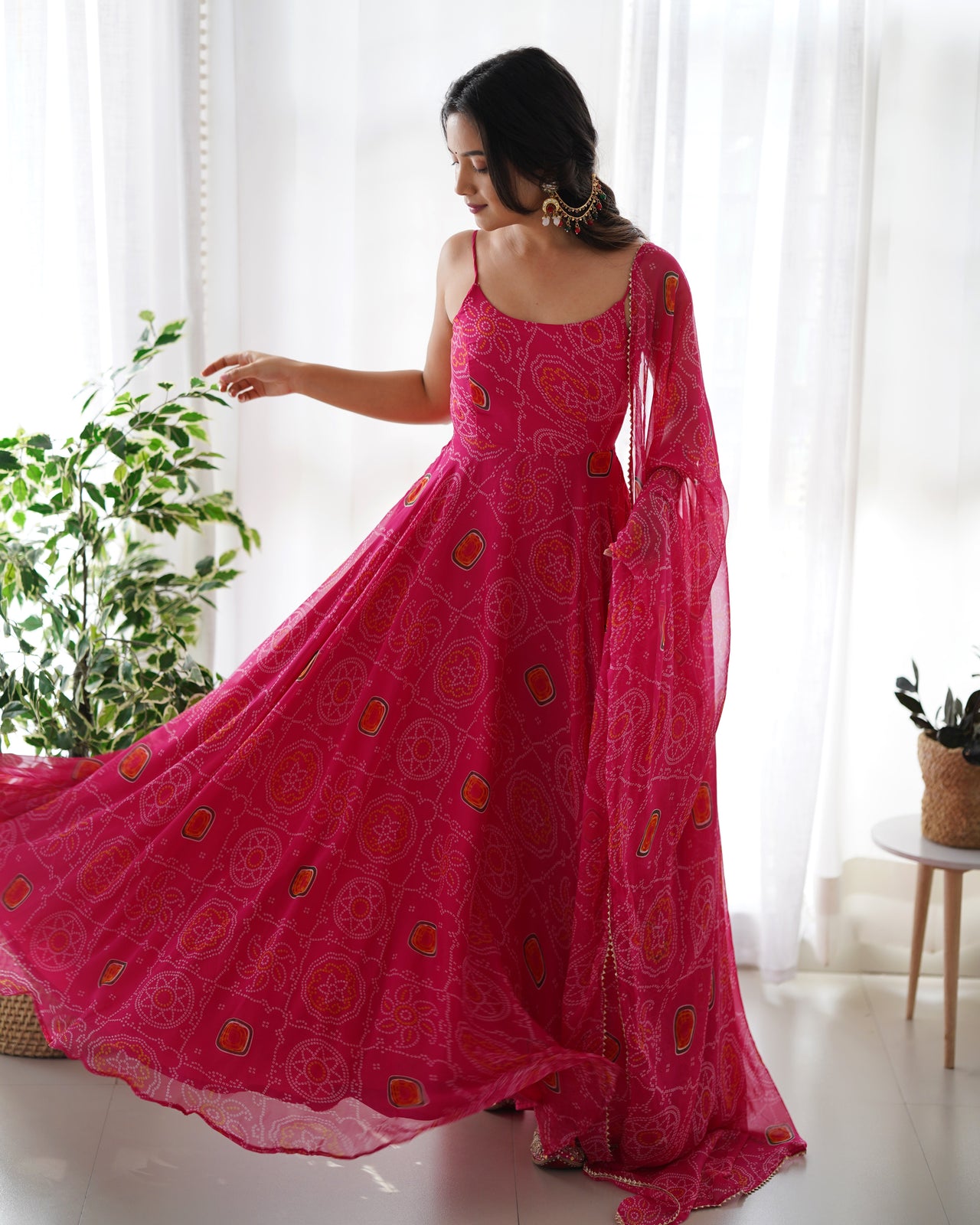 Lorenvalley Women Soft Chiffon Bandhej Fabric Print Fully Flair Anarkali With Pant Dupatta Set - Magenta