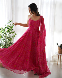Thumbnail for Lorenvalley Women Soft Chiffon Bandhej Fabric Print Fully Flair Anarkali With Pant Dupatta Set - Magenta