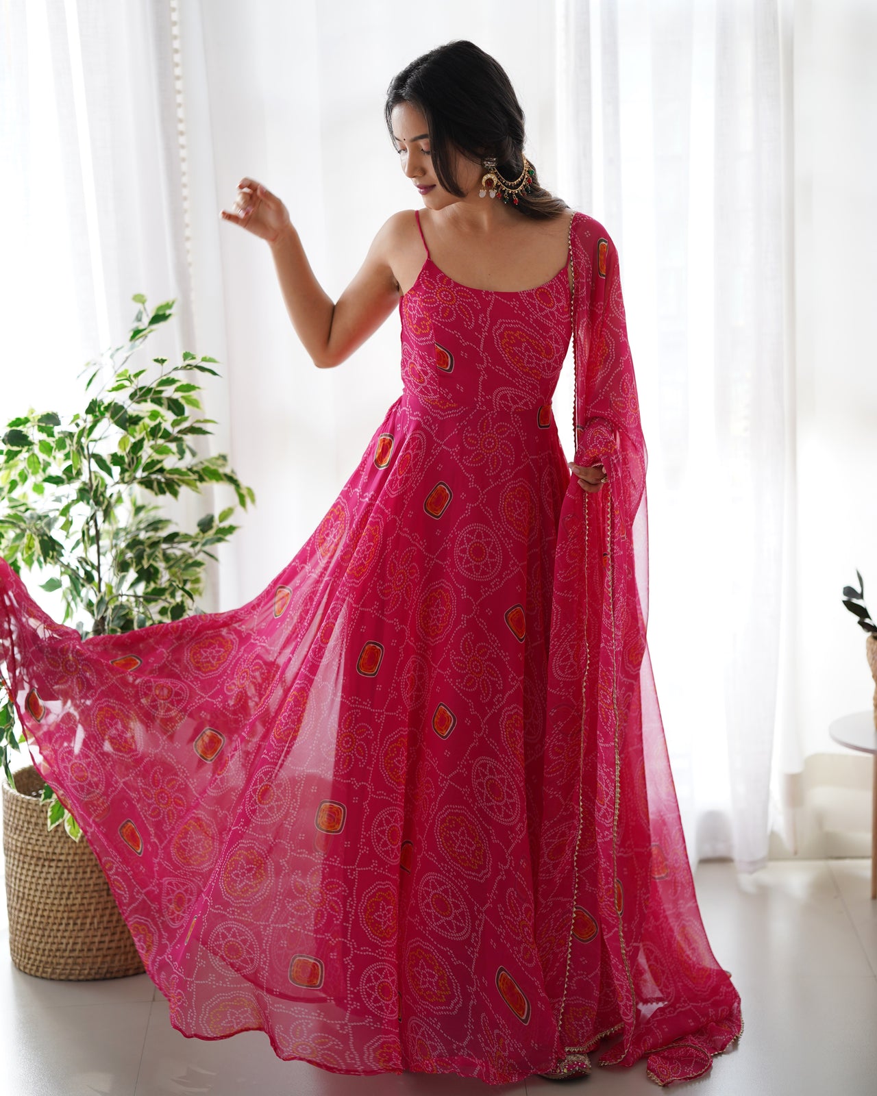 Lorenvalley Women Soft Chiffon Bandhej Fabric Print Fully Flair Anarkali With Pant Dupatta Set - Magenta
