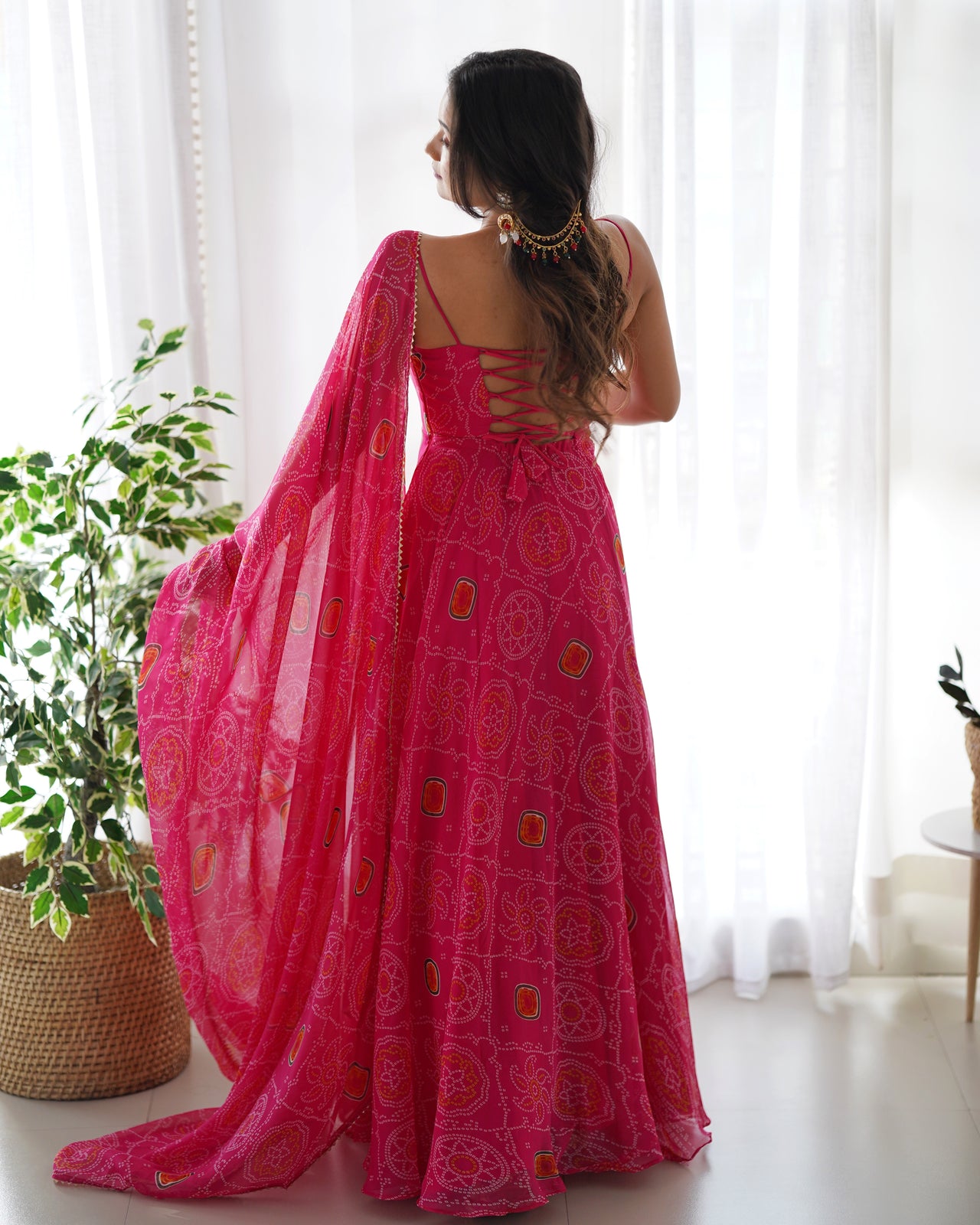 Lorenvalley Women Soft Chiffon Bandhej Fabric Print Fully Flair Anarkali With Pant Dupatta Set - Magenta