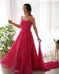 Thumbnail for Lorenvalley Women Soft Chiffon Bandhej Fabric Print Fully Flair Anarkali With Pant Dupatta Set - Magenta