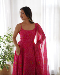 Thumbnail for Lorenvalley Women Soft Chiffon Bandhej Fabric Print Fully Flair Anarkali With Pant Dupatta Set - Magenta
