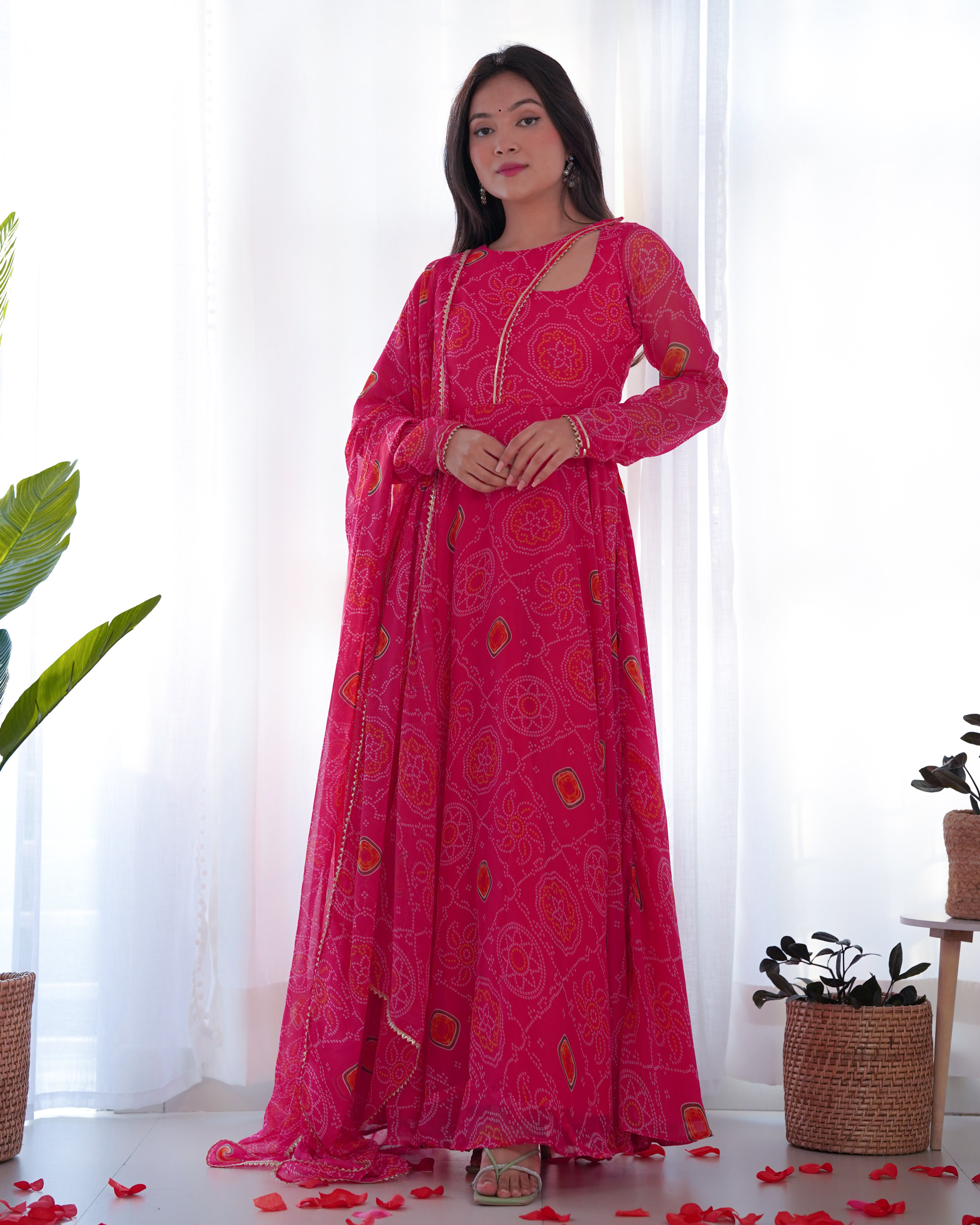 Lorenvalley Women Soft Chiffon Bandhej Fabric Print Fully Flair Anarkali With Pant Dupatta Set - Magenta - Distacart