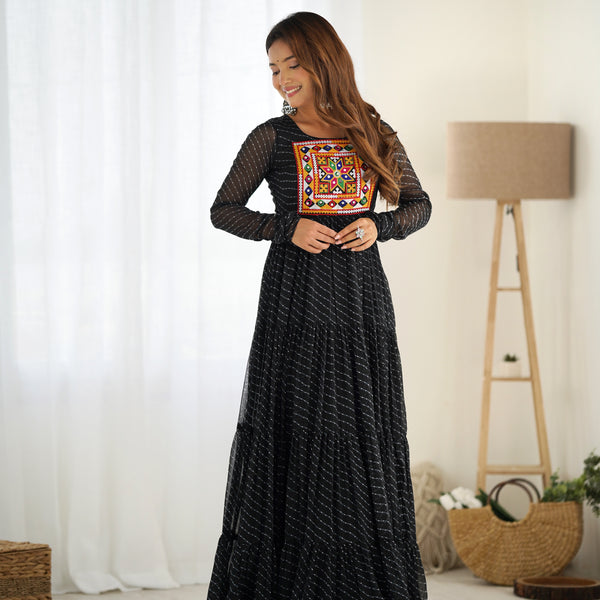 Lorenvalley Women Pure Soft Faux Georgette Leheriya Print Anarkali Gown - Black - Distacart