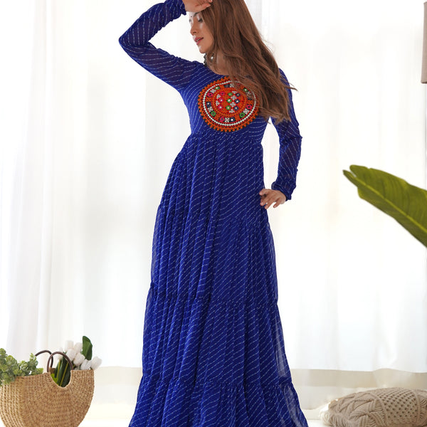 Lorenvalley Women Pure Soft Faux Georgette Leheriya Print Anarkali Gown - Blue - Distacart