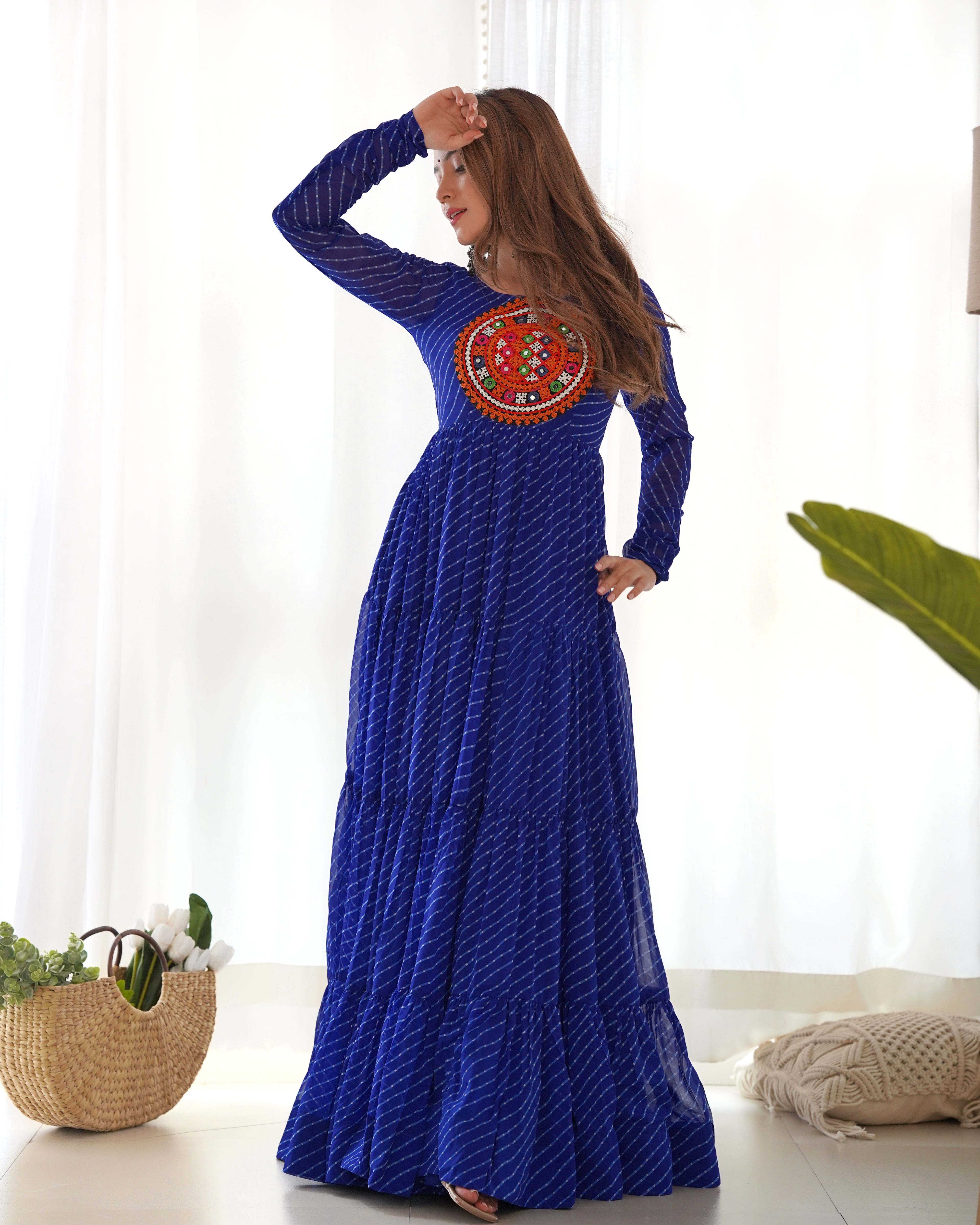 Lorenvalley Women Pure Soft Faux Georgette Leheriya Print Anarkali Gown - Blue - Distacart