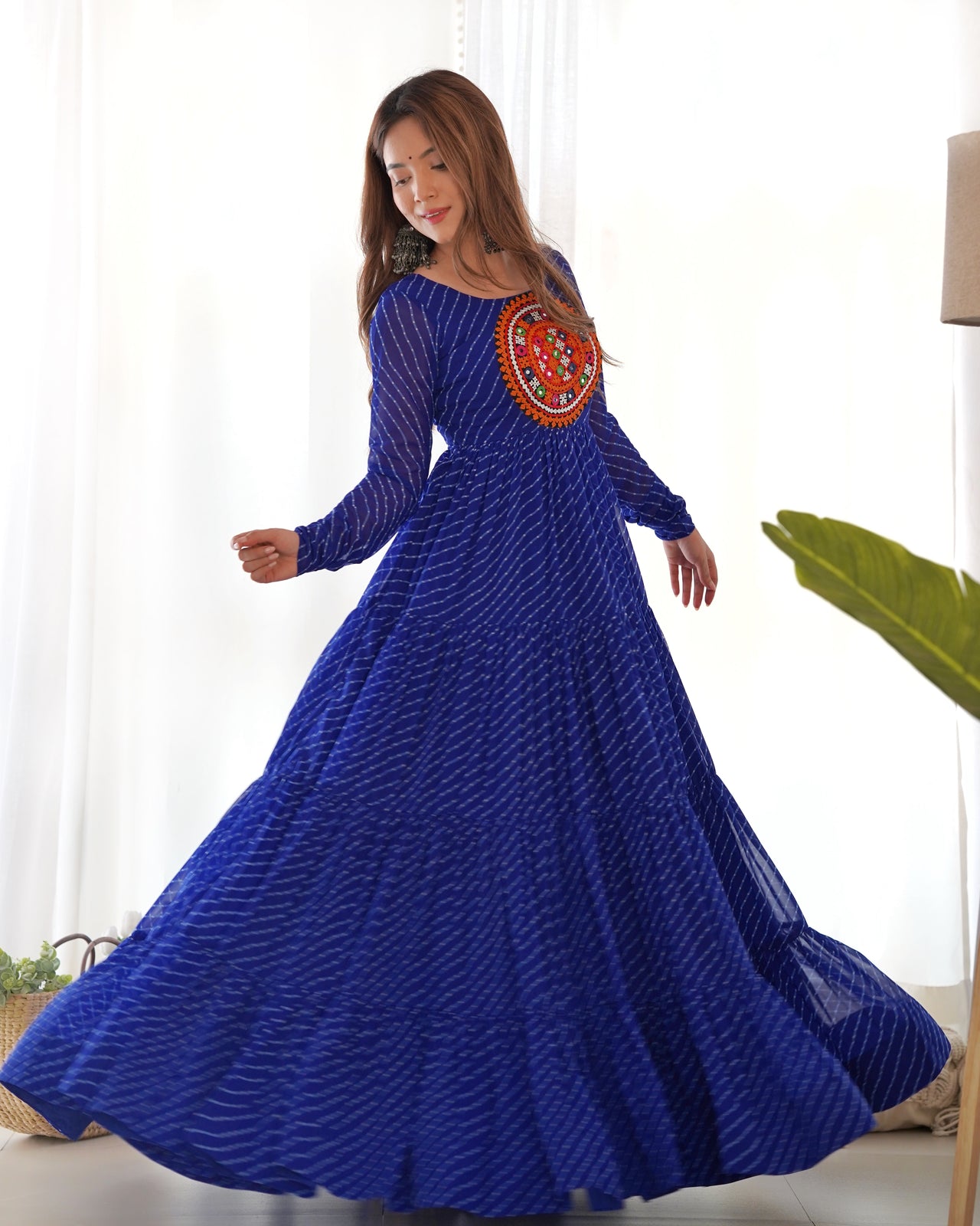 Lorenvalley Women Pure Soft Faux Georgette Leheriya Print Anarkali Gown - Blue