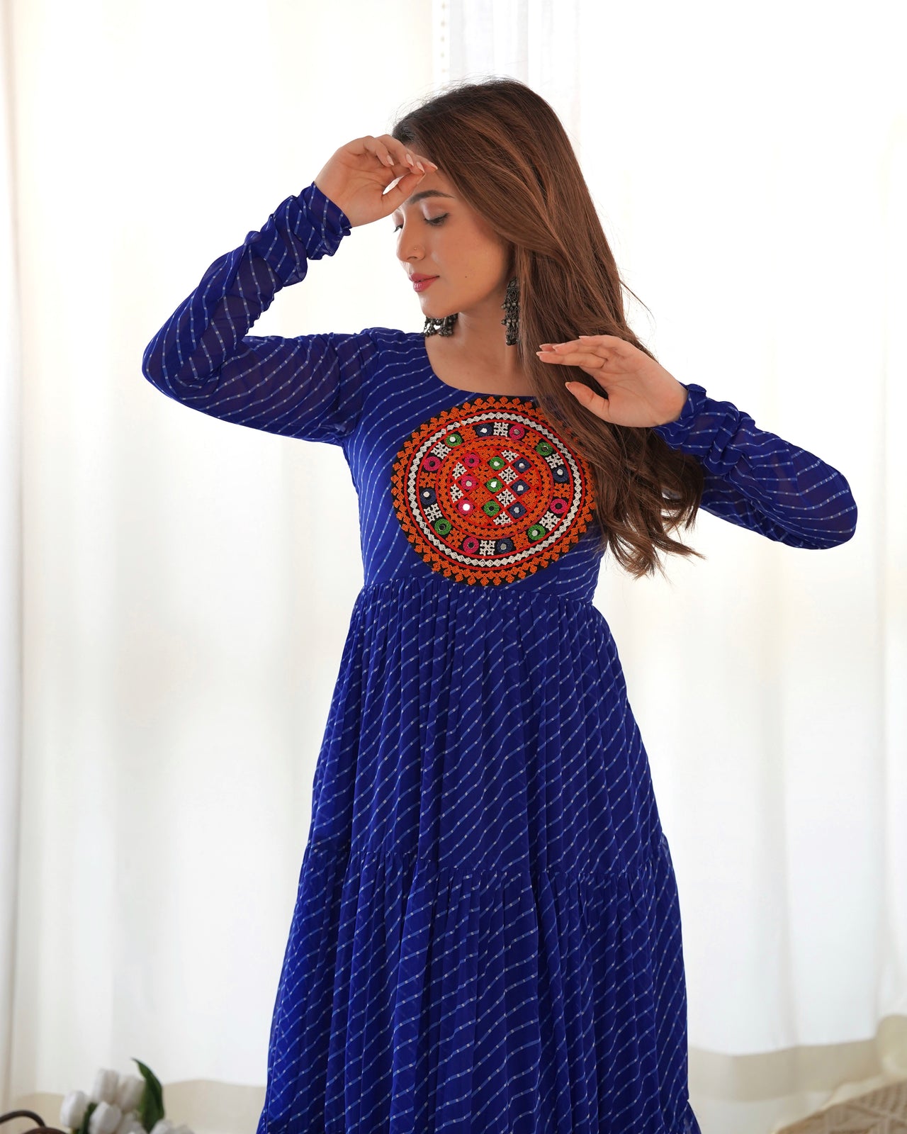 Lorenvalley Women Pure Soft Faux Georgette Leheriya Print Anarkali Gown - Blue