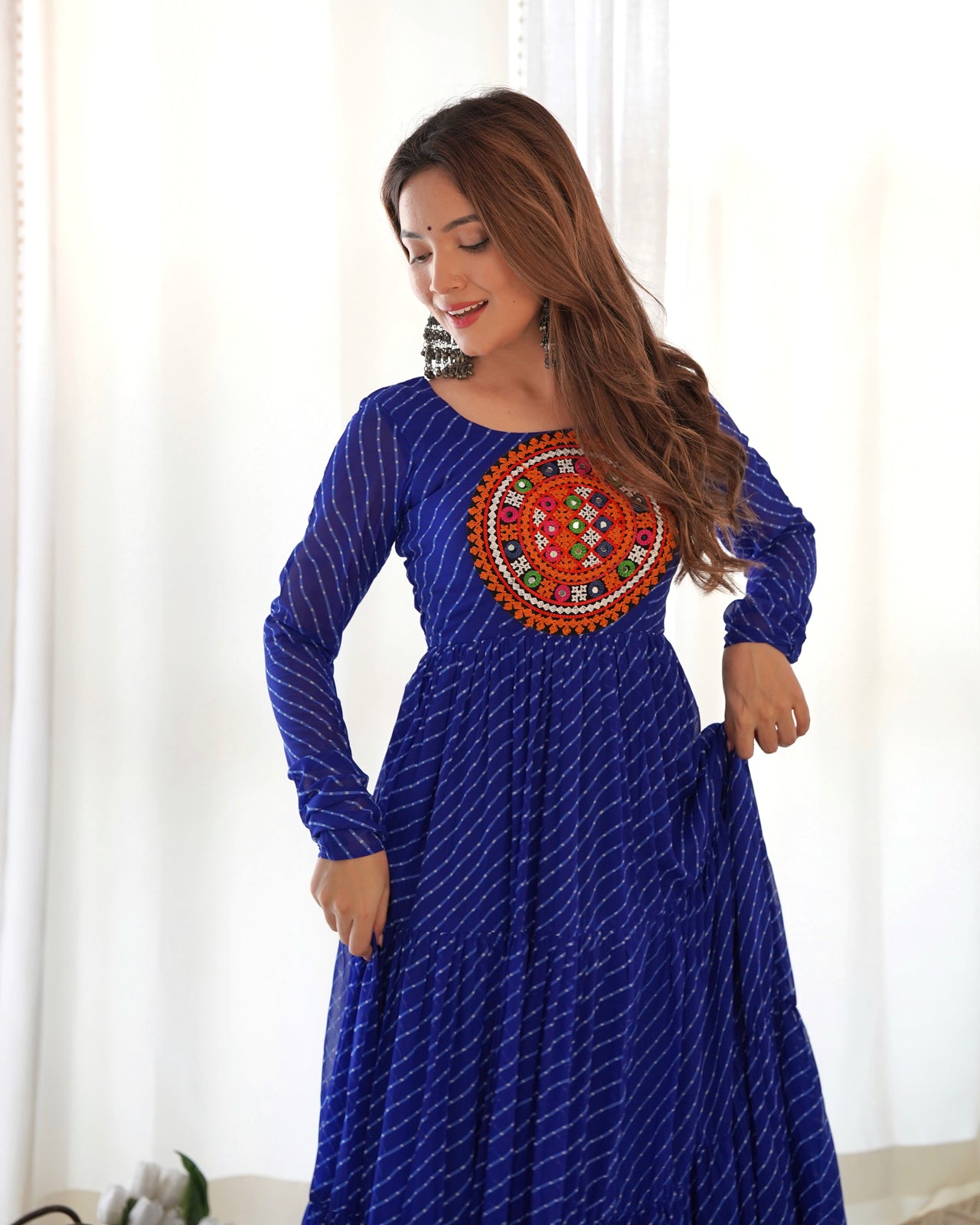 Lorenvalley Women Pure Soft Faux Georgette Leheriya Print Anarkali Gown - Blue