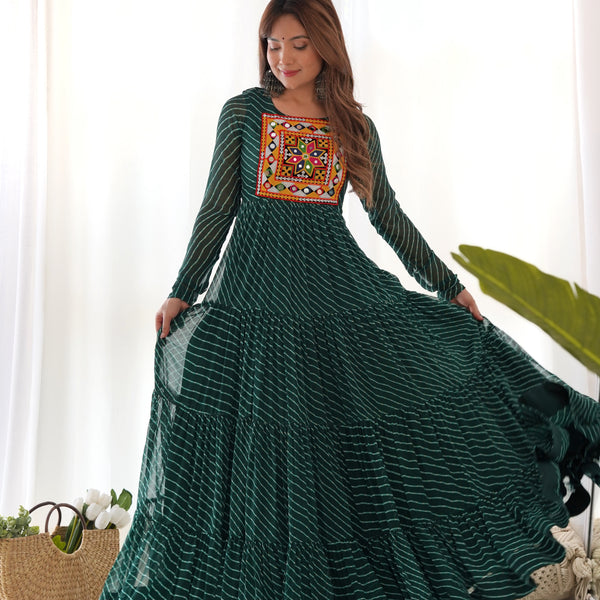 Lorenvalley Women Pure Soft Faux Georgette Leheriya Print Anarkali Gown - Green - Distacart