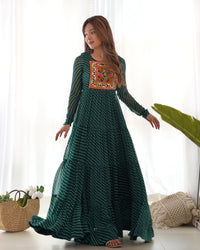 Thumbnail for Lorenvalley Women Pure Soft Faux Georgette Leheriya Print Anarkali Gown - Green