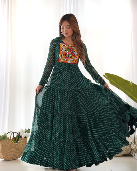 Lorenvalley Women Pure Soft Faux Georgette Leheriya Print Anarkali Gown - Green