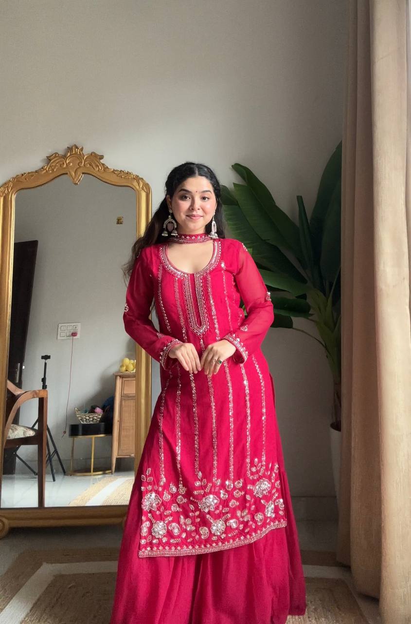 Evanik Ranipink Georgette With Embroidered Sequence Work Plazzo Suit - Distacart