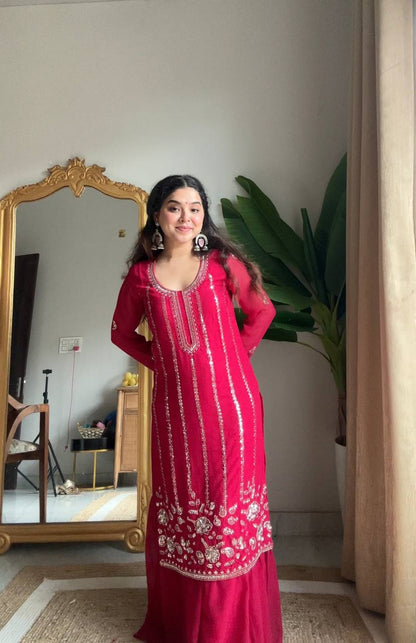 Evanik Ranipink Georgette With Embroidered Sequence Work Plazzo Suit - Distacart