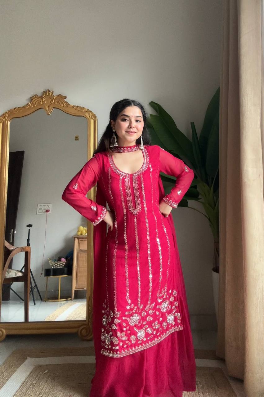 Evanik Ranipink Georgette With Embroidered Sequence Work Plazzo Suit - Distacart