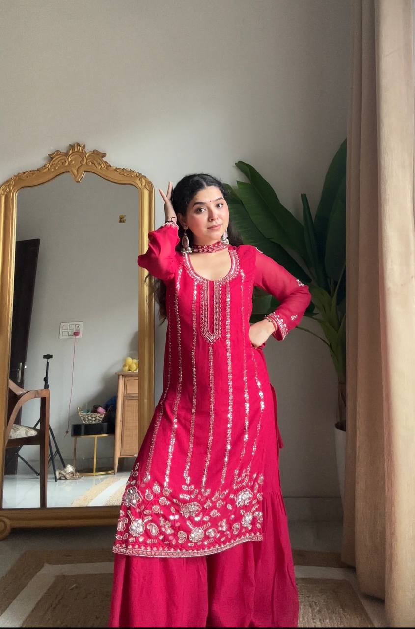 Evanik Ranipink Georgette With Embroidered Sequence Work Plazzo Suit - Distacart