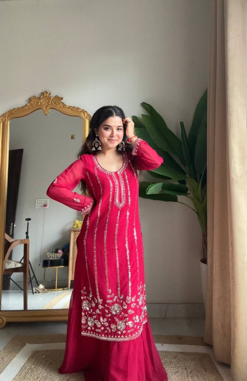Evanik Ranipink Georgette With Embroidered Sequence Work Plazzo Suit - Distacart