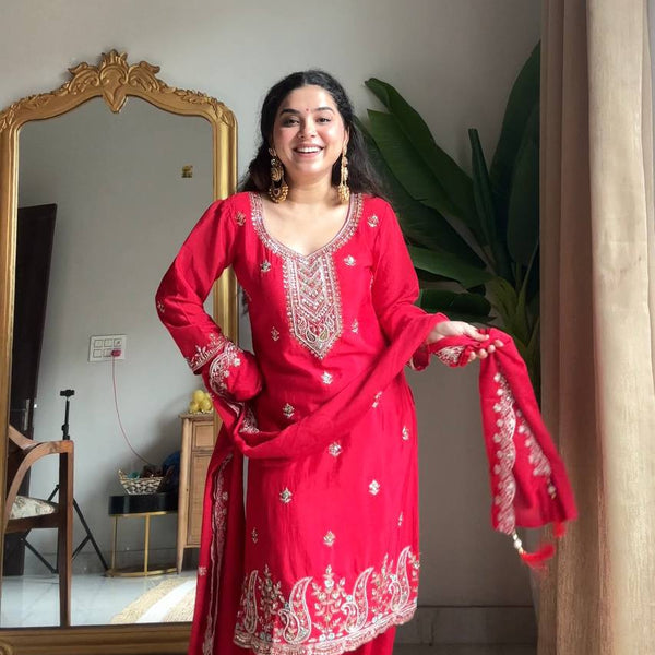 Evanik Designer Red Chinon With Beads Embroidered Work Kurta Set
