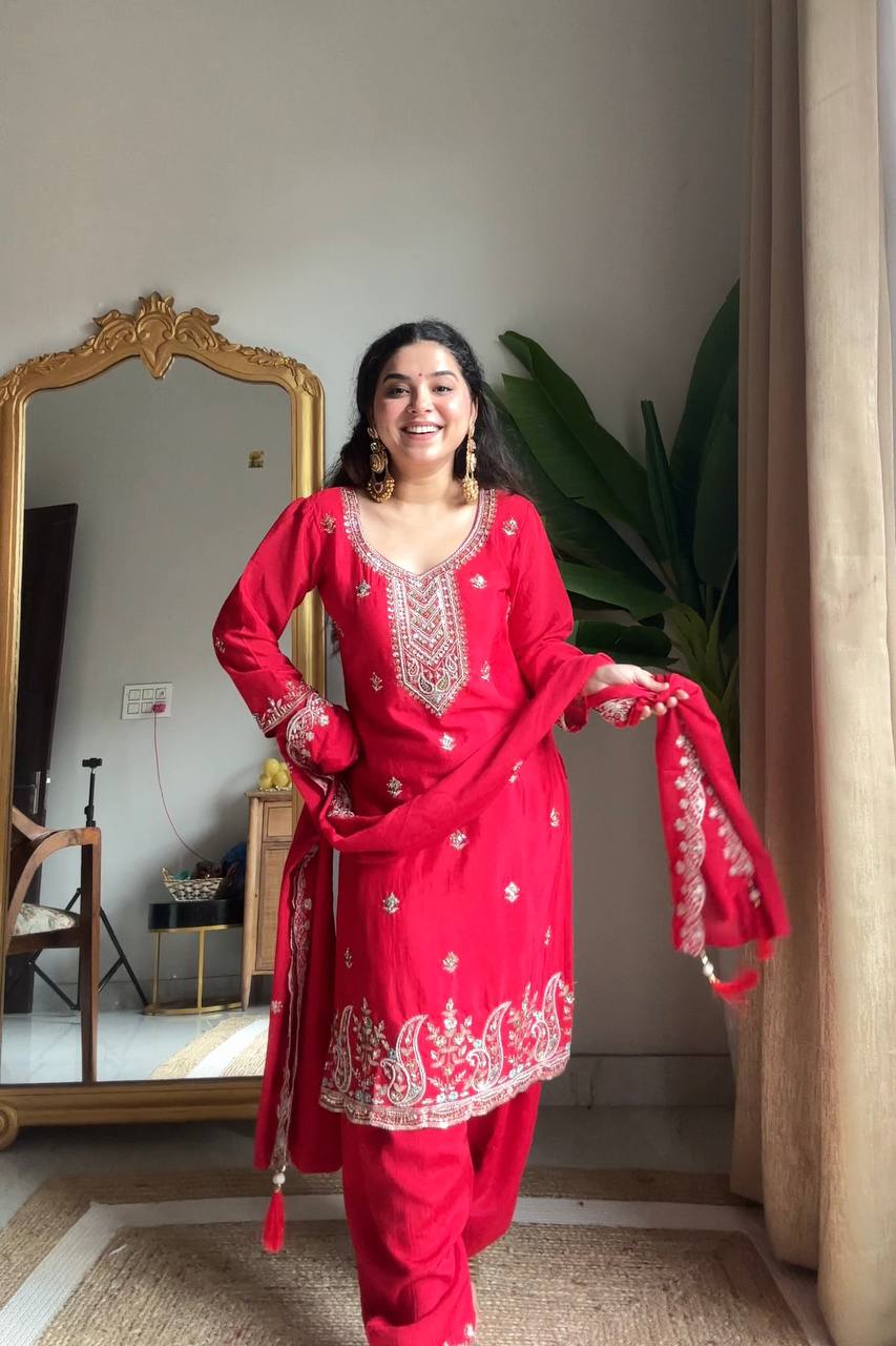 Evanik Designer Red Chinon With Beads Embroidered Work Kurta Set - Distacart