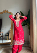 Thumbnail for Evanik Designer Red Chinon With Beads Embroidered Work Kurta Set