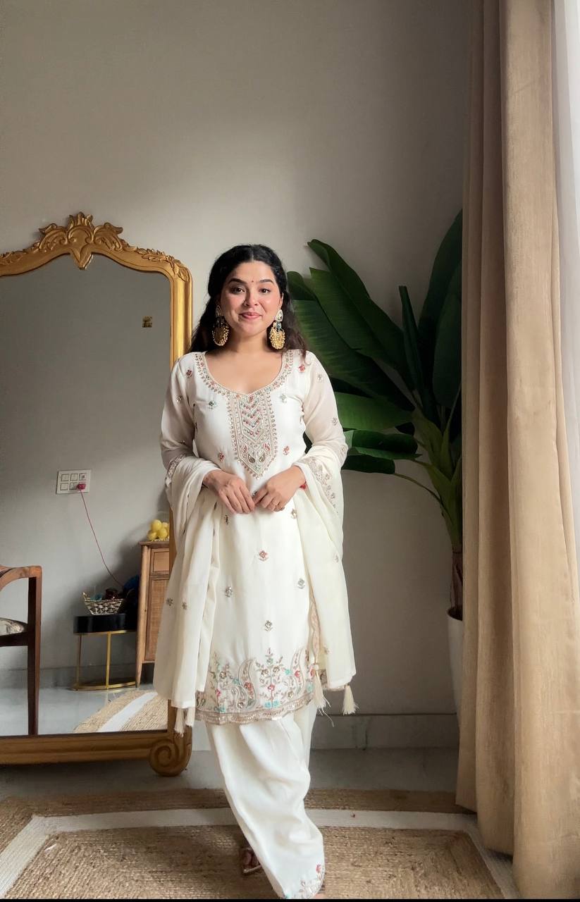 Evanik Designer White Chinon With Beads Embroidered Work Kurta Set - Distacart