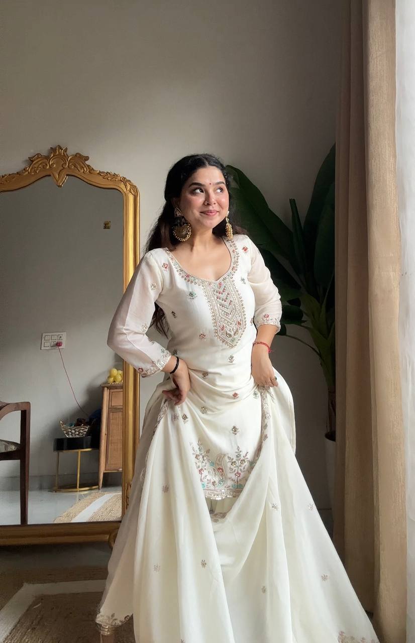 Evanik Designer White Chinon With Beads Embroidered Work Kurta Set