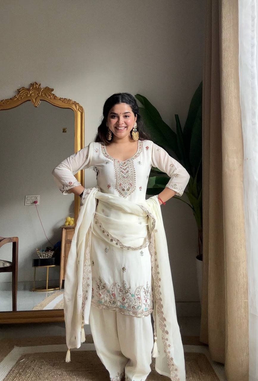 Evanik Designer White Chinon With Beads Embroidered Work Kurta Set