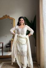 Thumbnail for Evanik Designer White Chinon With Beads Embroidered Work Kurta Set