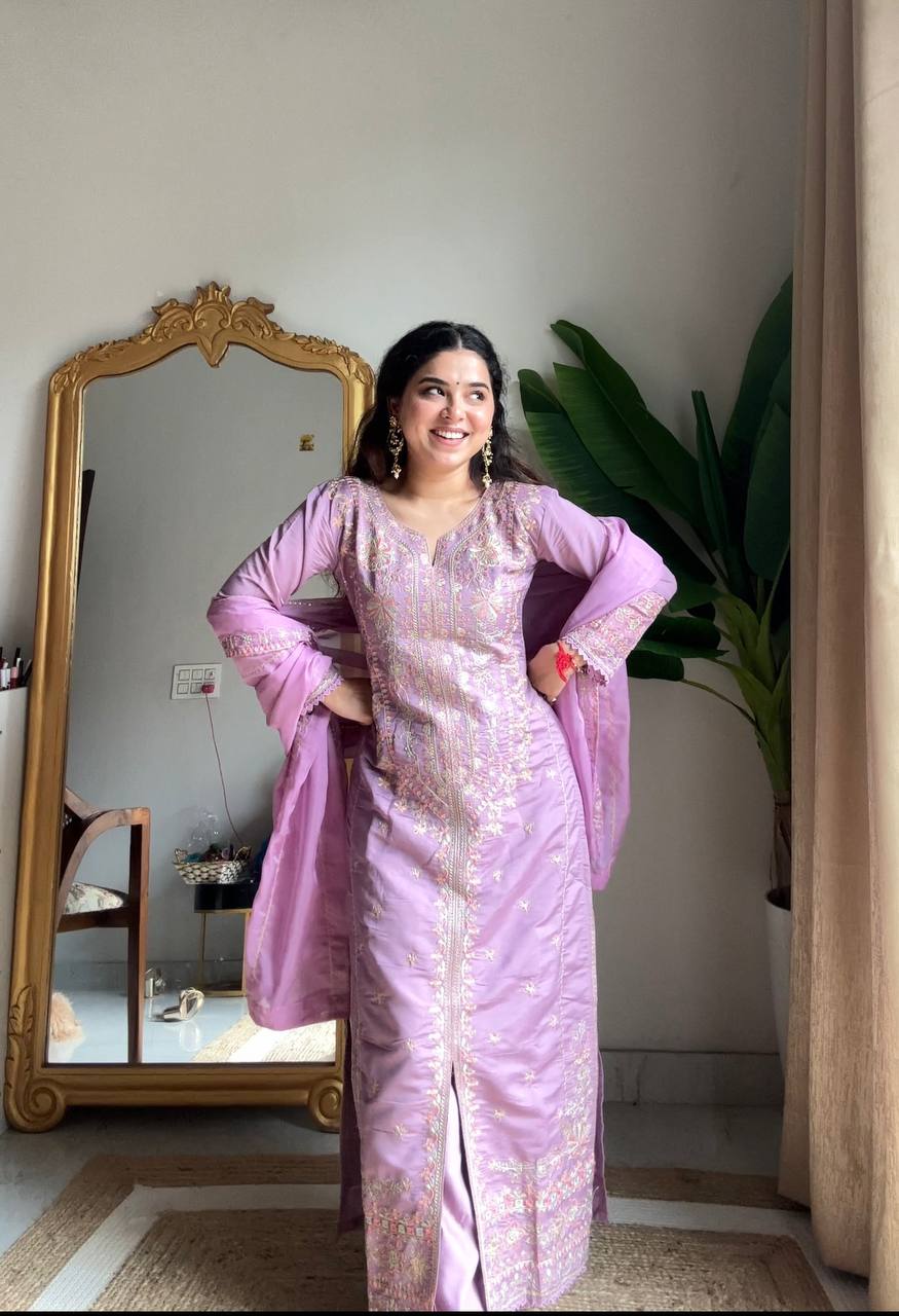 Evanik Lavender Roman silk Embroidered Sequence Work Party Wear Plazzo Suit - Distacart
