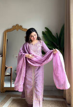 Thumbnail for Evanik Lavender Roman silk Embroidered Sequence Work Party Wear Plazzo Suit