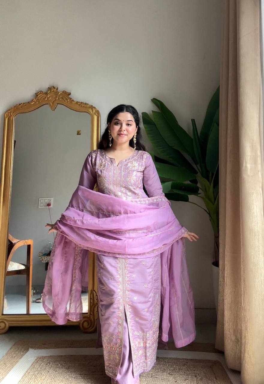 Evanik Lavender Roman silk Embroidered Sequence Work Party Wear Plazzo Suit