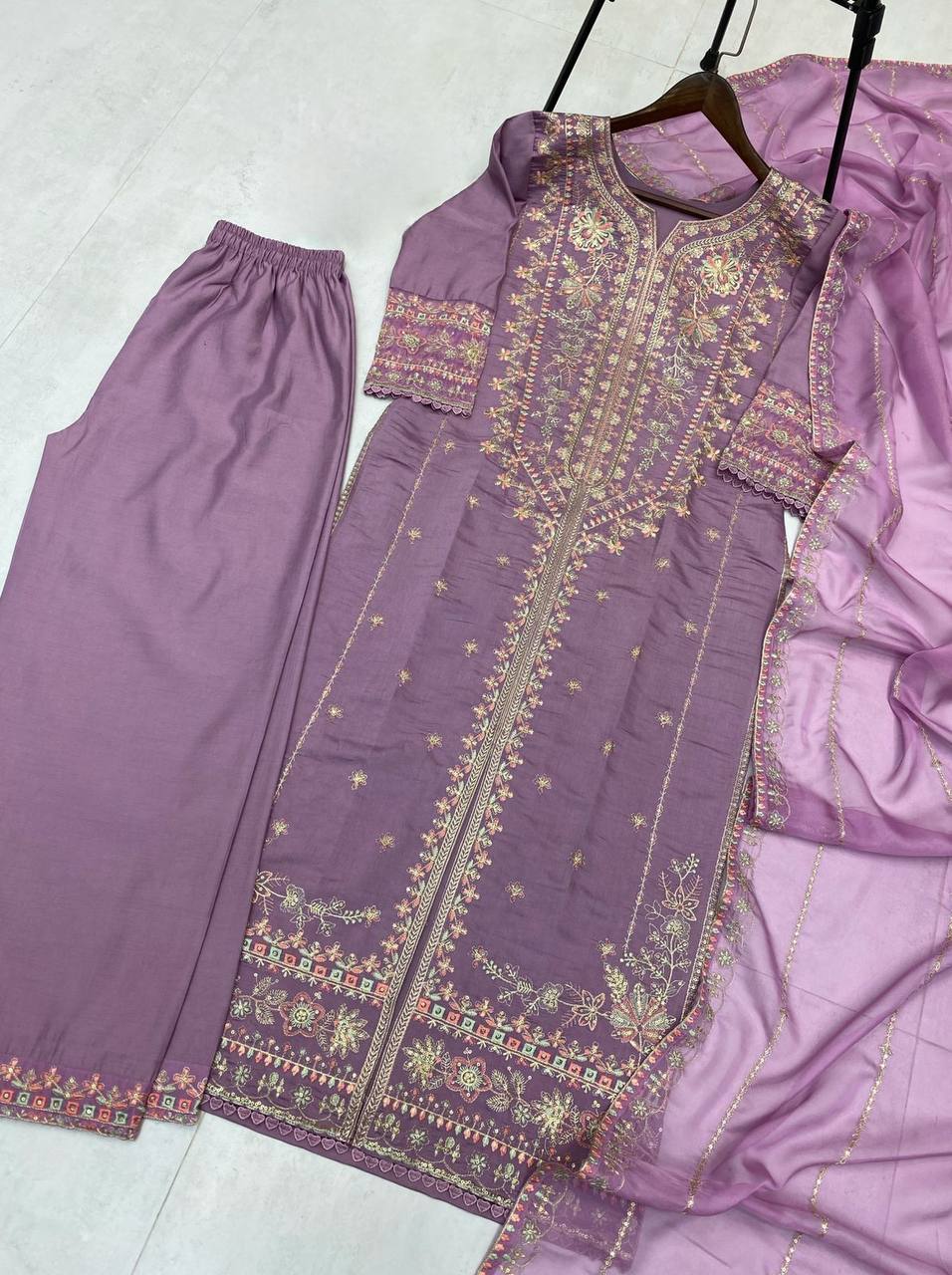 Evanik Lavender Roman silk Embroidered Sequence Work Party Wear Plazzo Suit