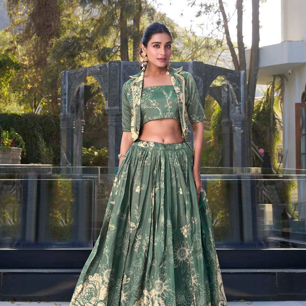 Evanik Women Tussar Silk With Floral Print Lehenga Blouse With Koti - Green - Distacart